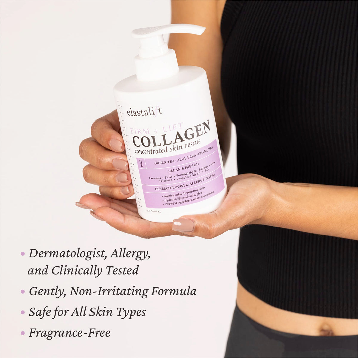 Elastalift jar next to hand displaying large spa-size convenience