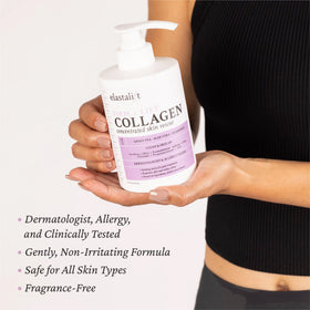 Elastalift jar next to hand displaying large spa-size convenience