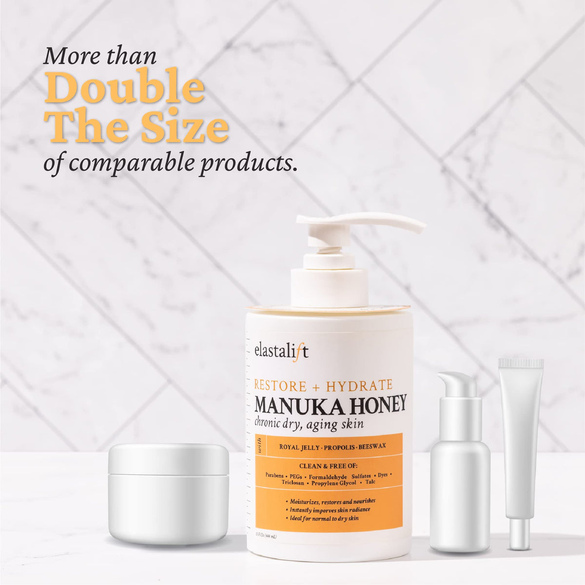 Elastalift jar next to common objects showing scale and 15 fl oz size