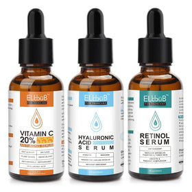 ELBBUB serum set front packaging showing three bottles and benefits