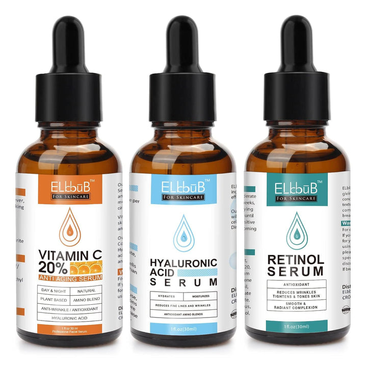 ELBBUB serum set front packaging showing three bottles and benefits
