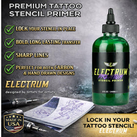 Electrum being applied to forearm for bold, long-lasting stencil transfer