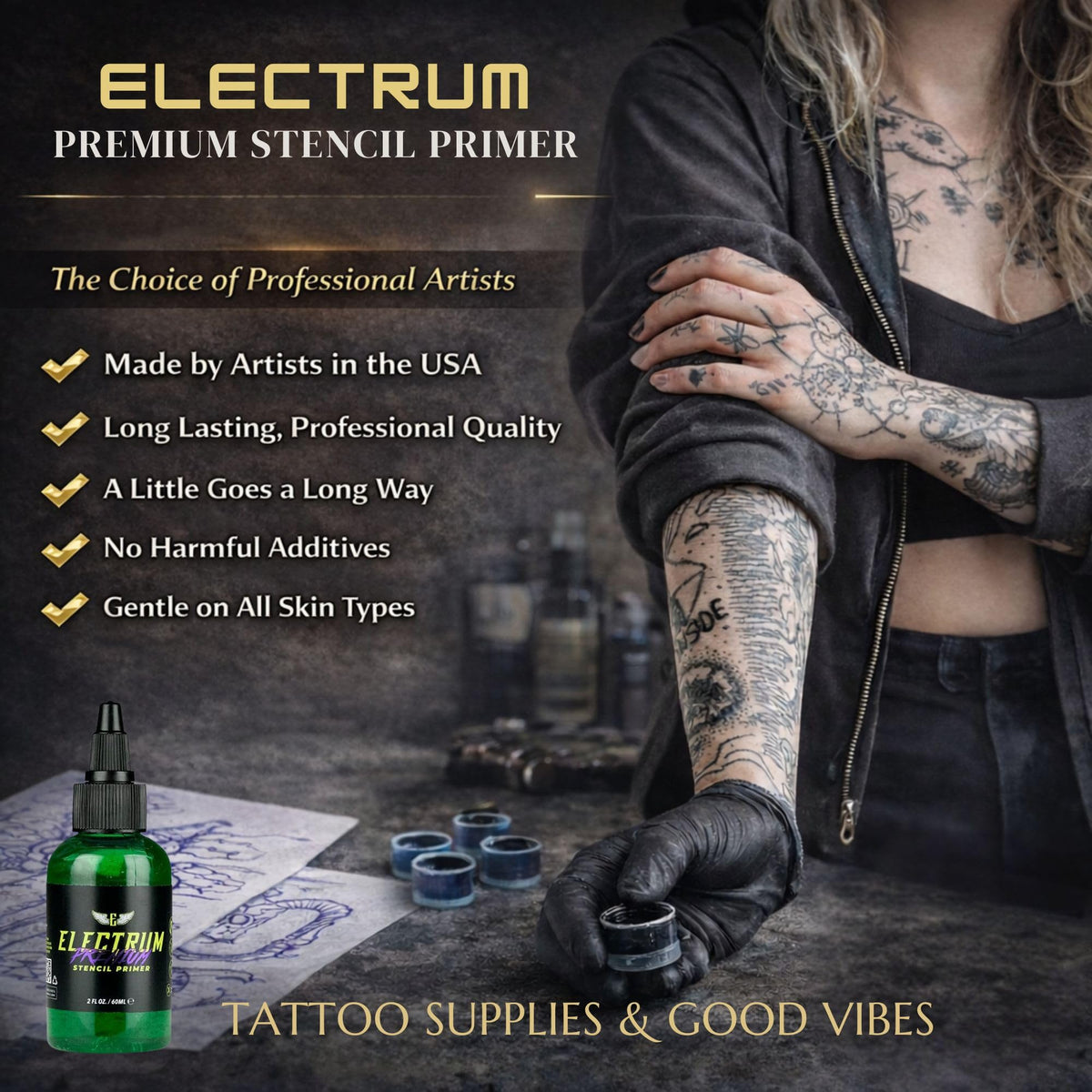 electrum bottle in tattoo studio setting showing professional use benefit