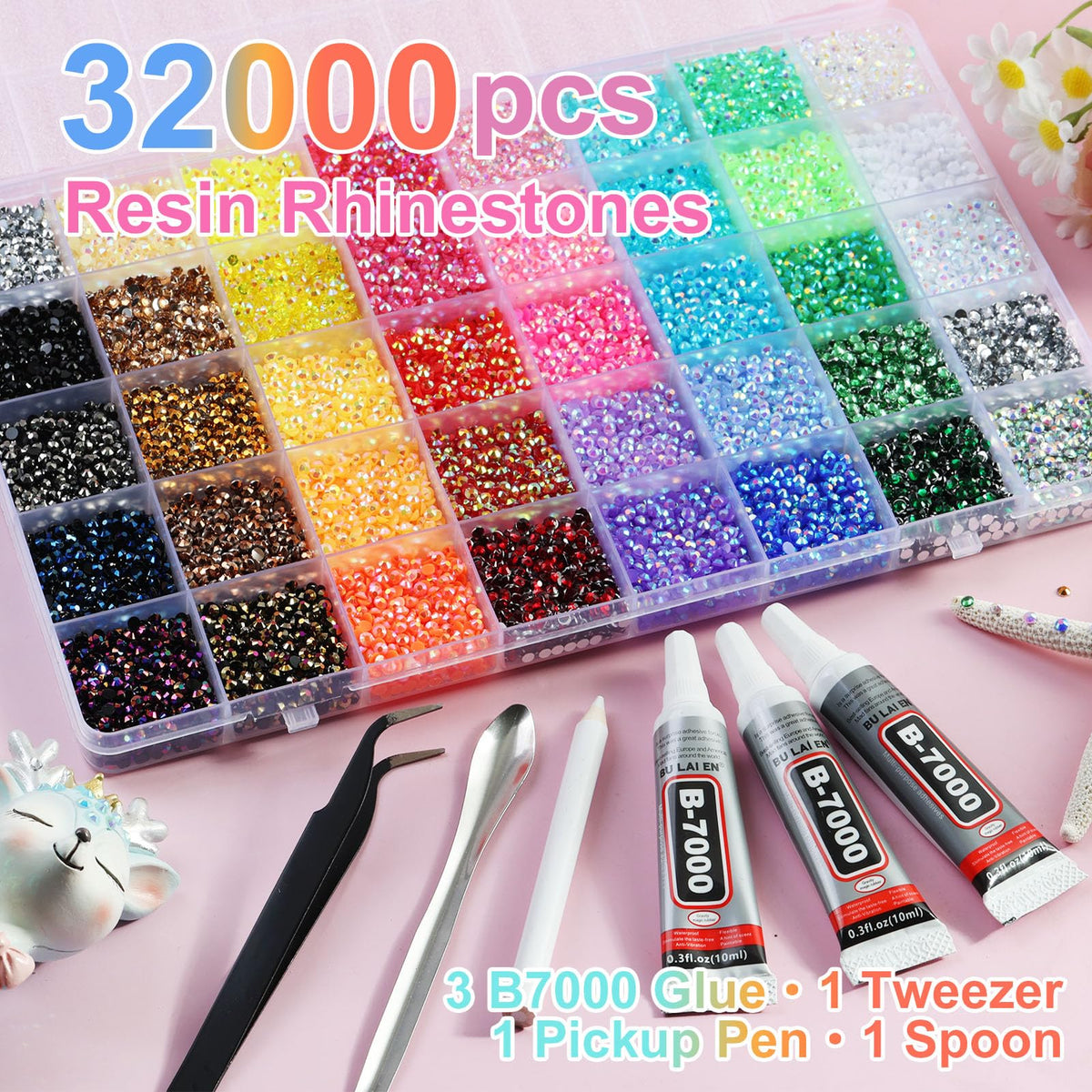ELEEGEM close-up of resin rhinestones highlighting bright sparkle and consistency