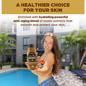 Elegant Sun coconut milk and cocoa butter ingredients display promoting nourishing blend