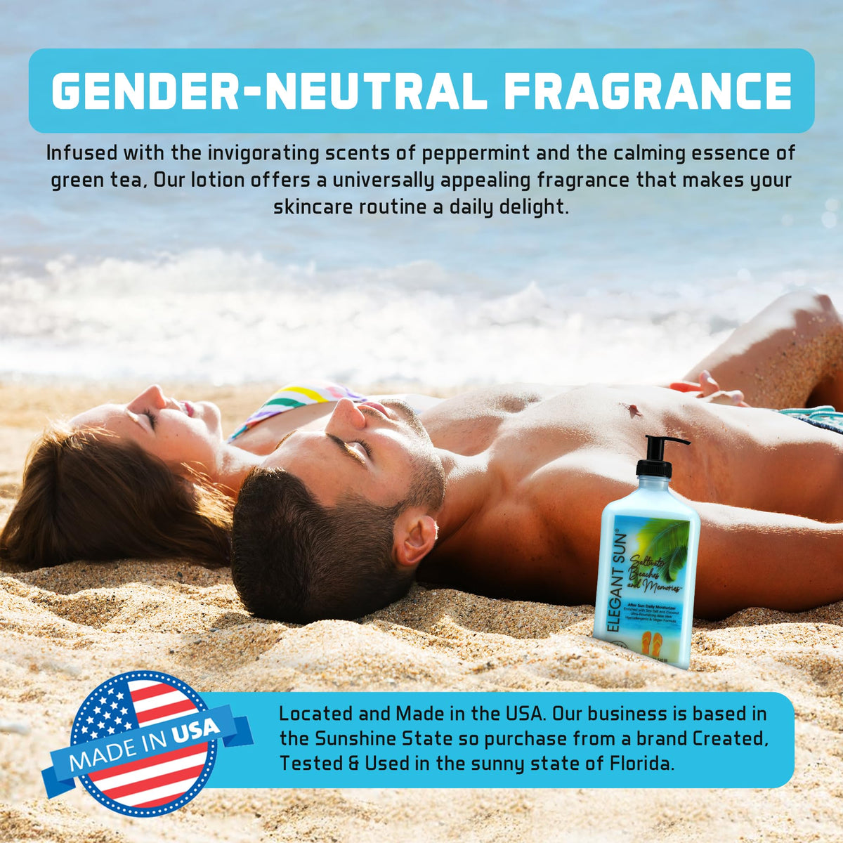 Elegant Sun lifestyle at beach illustrating refreshed, post-sun comfort benefit