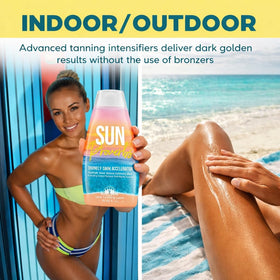 Elegant Sun beside tanning bed showing indoor use and odor-neutralizing scent