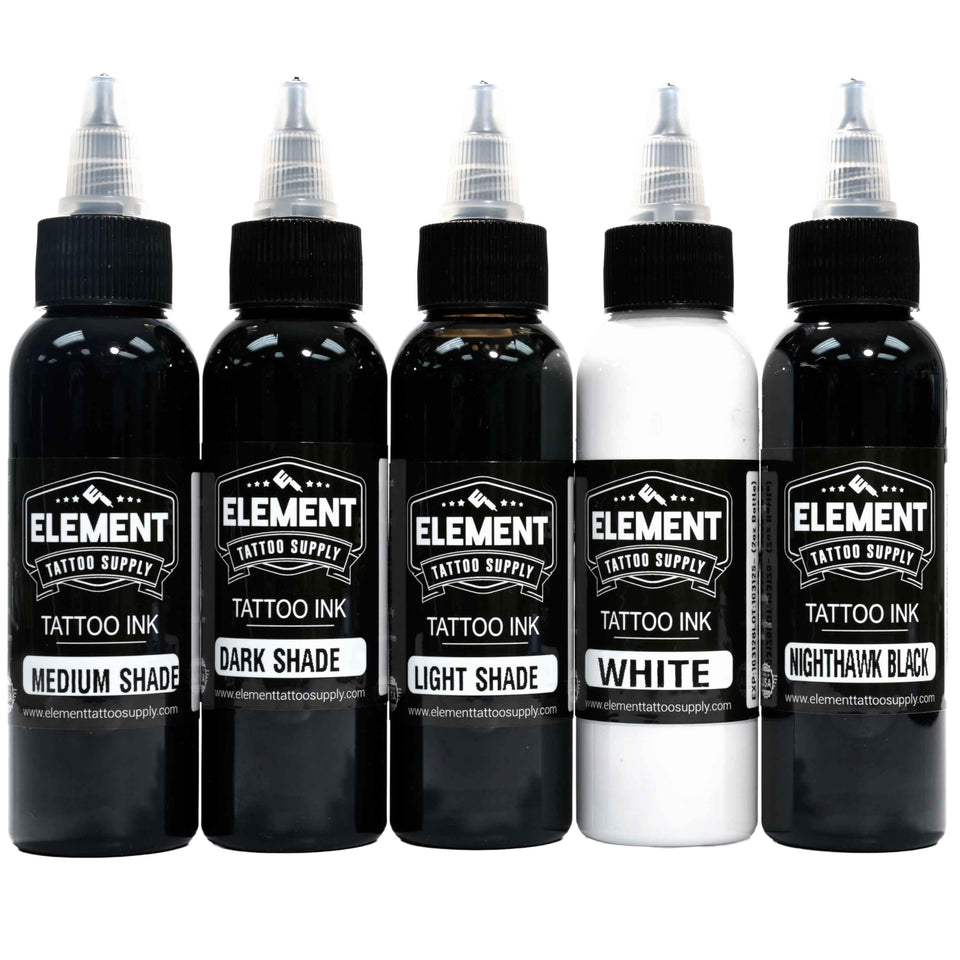 Element Tattoo Supply front-facing five-bottle kit showing labels and quick-access caps