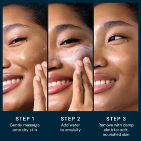ELEMIS balm in palm melting into oil, visualizes fast makeup-dissolving action
