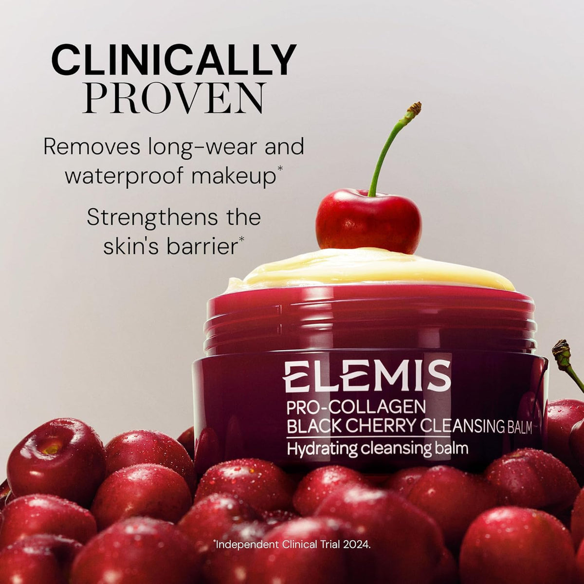 ELEMIS balm texture scooped on finger showing creamy oil transition benefit: hydration