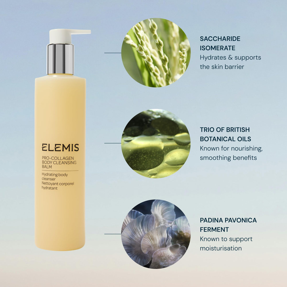 ELEMIS label and ingredient list close-up highlighting key actives and benefits