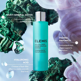 ELEMIS bottle next to serums and cream illustrating layerable routine for enhanced product performance