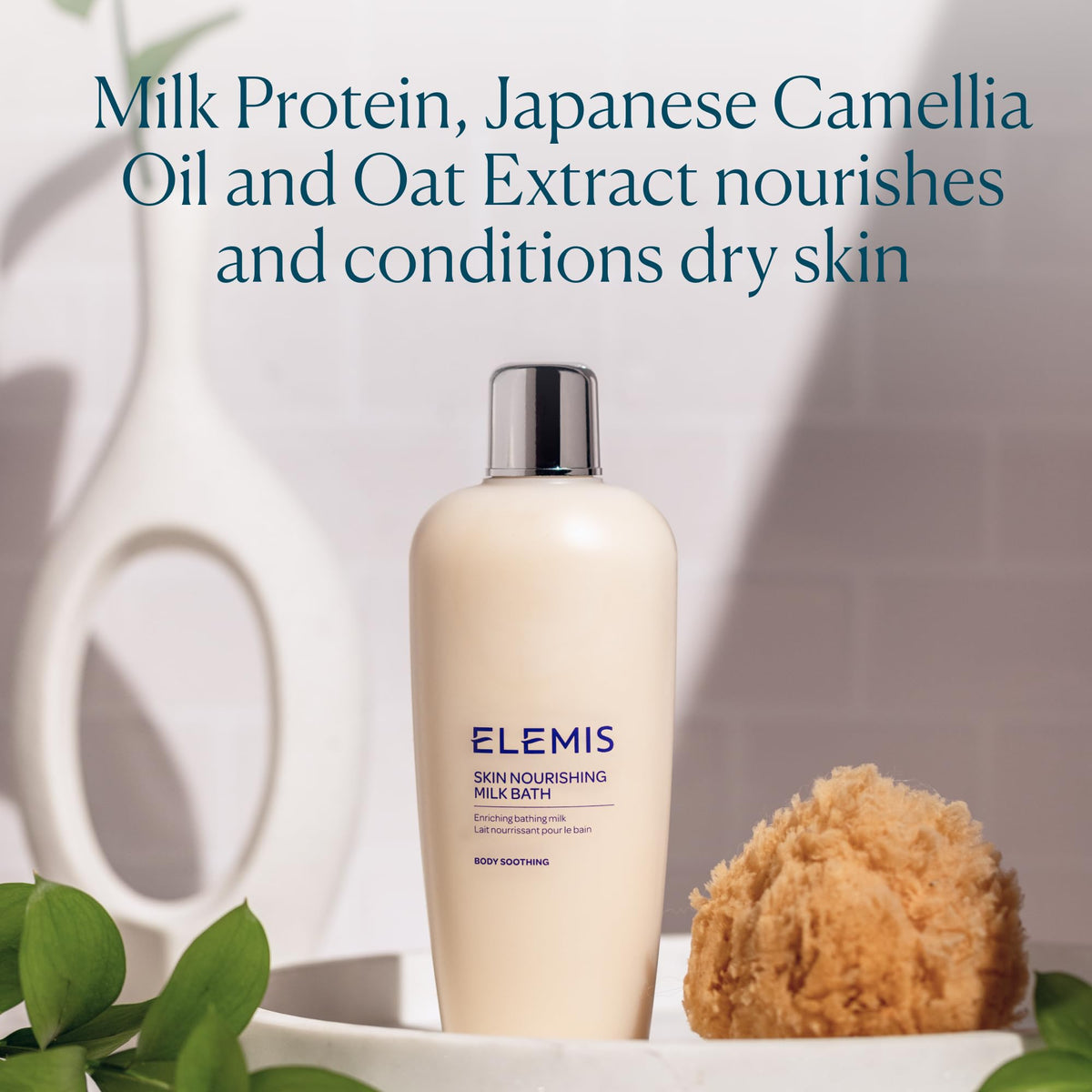 ELEMIS bottle surrounded by camellia and oat illustrating nourishing benefit