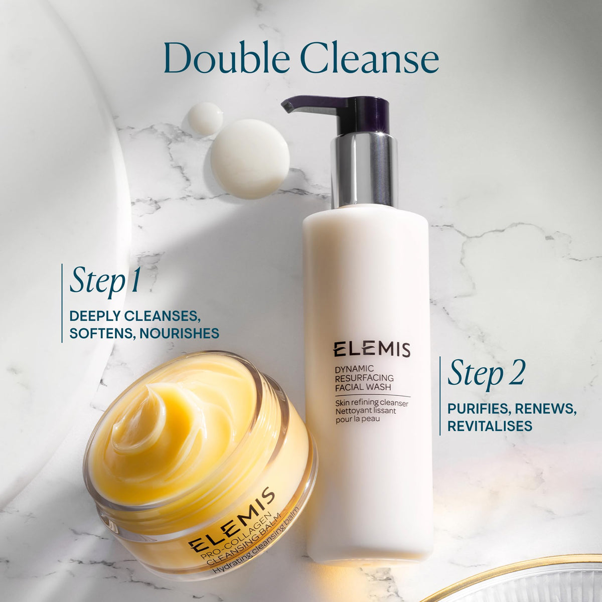 ELEMIS cleanser in bathroom setting suggesting daily skincare routine
