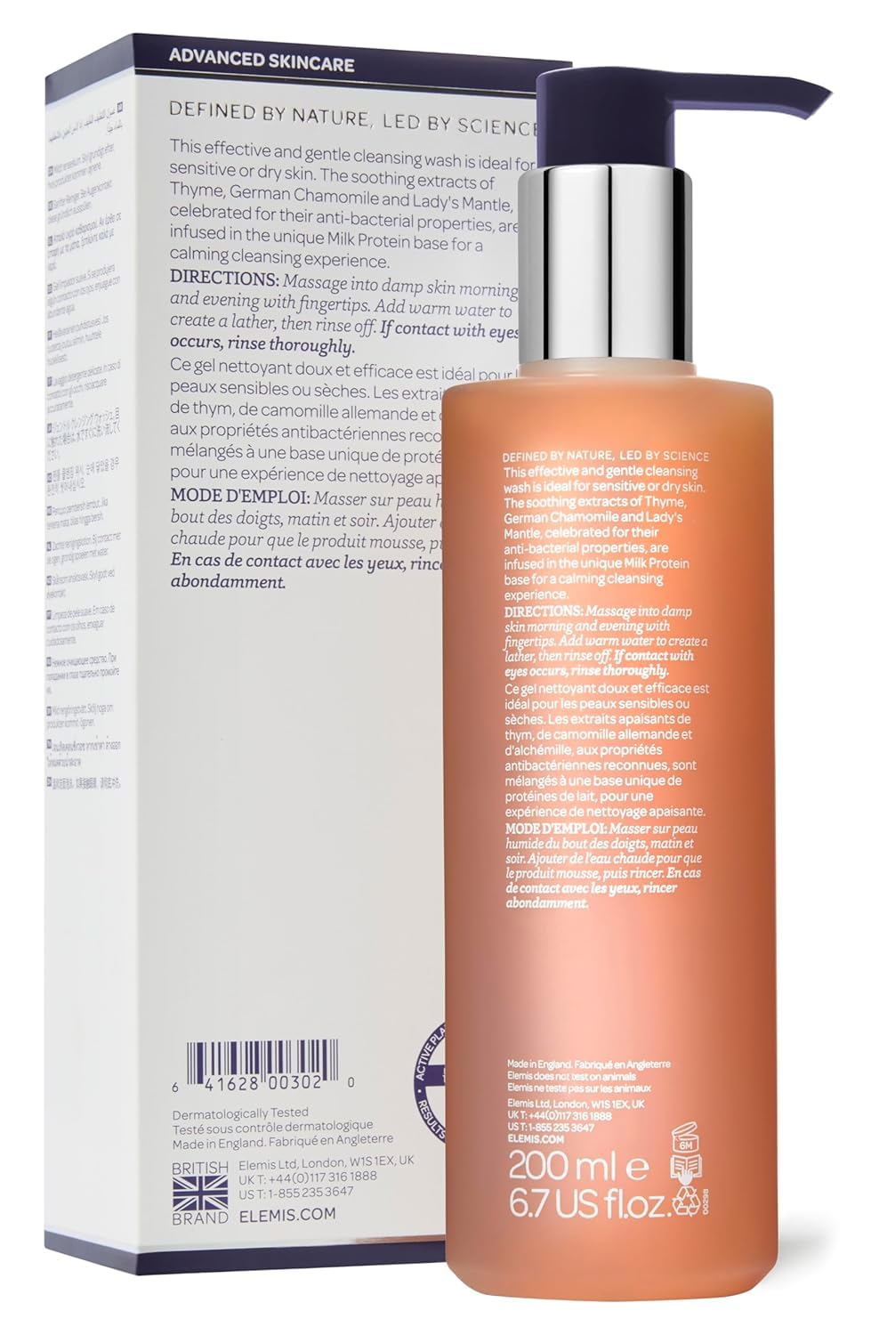 ELEMIS label and pump close-up showing ingredient information for reassurance