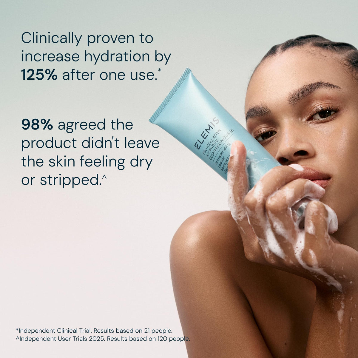 ELEMIS cream-to-foam lather close-up demonstrating gentle, hydrating foam.