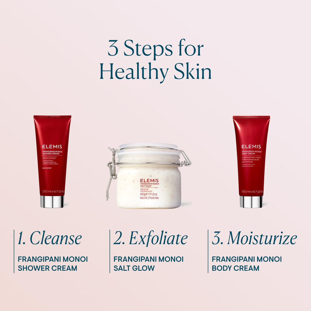 ELEMIS size comparison with hand showing 6.7 fl oz scale for travel and home