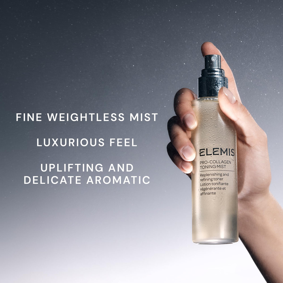 ELEMIS model using mist to refresh complexion and prepare skin for skincare