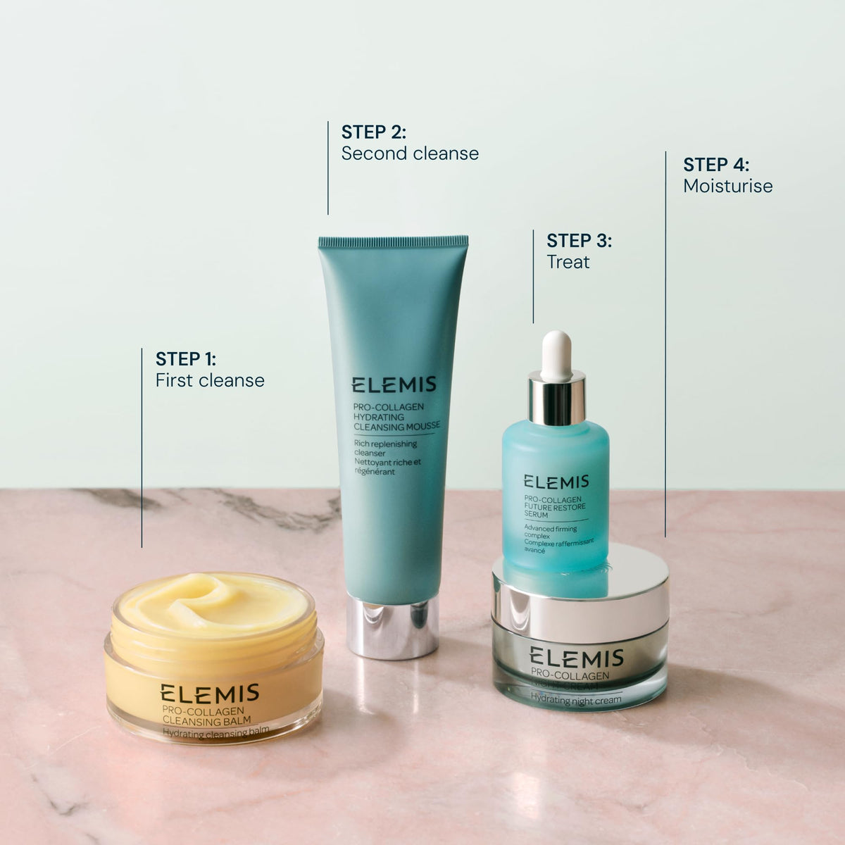 ELEMIS cleansing mousse staged in bathroom for a calming routine benefit.