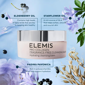 ELEMIS product label close-up showing fragrance-free claim and usage instructions clearly