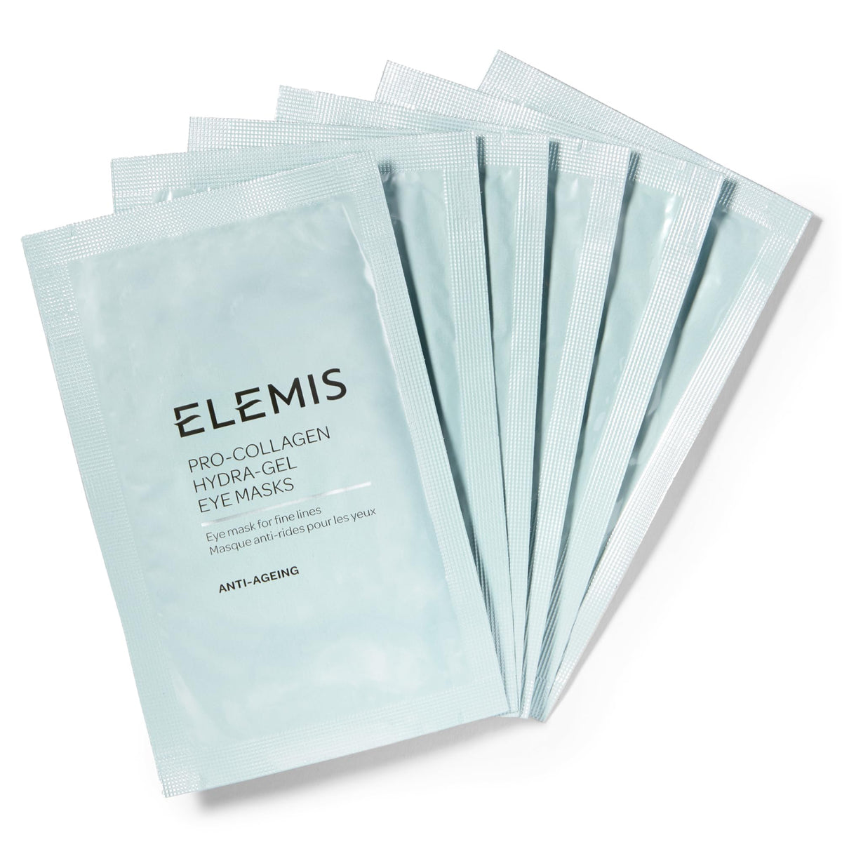 ELEMIS front packaging showcasing six pro-collagen eye masks and benefits