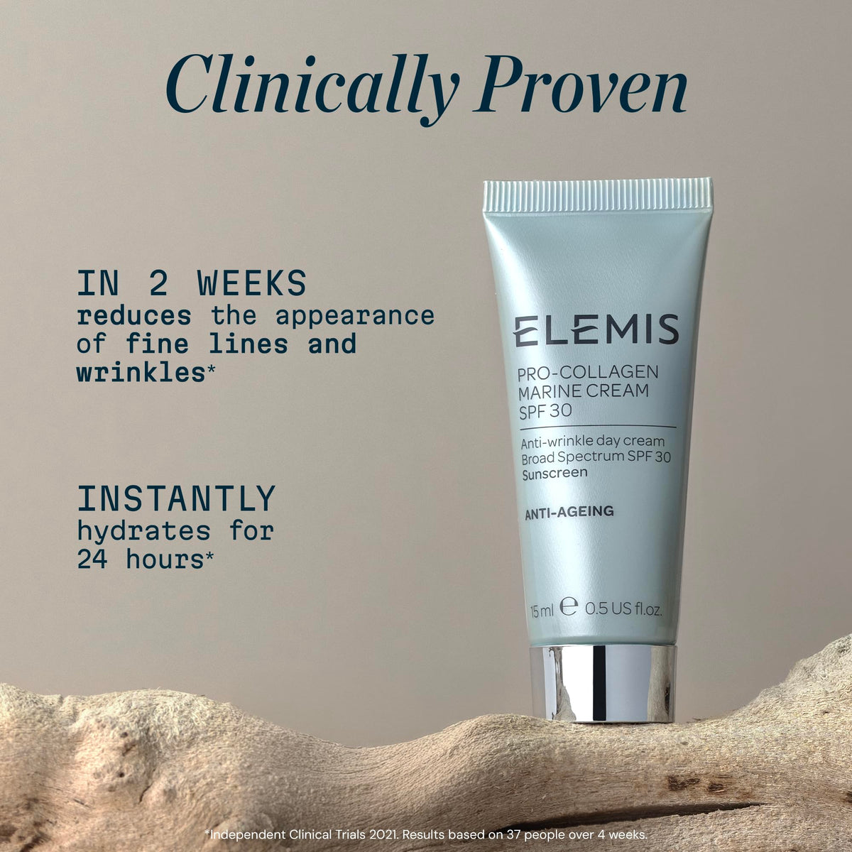 ELEMIS jar with cap open highlighting packaging details and quality