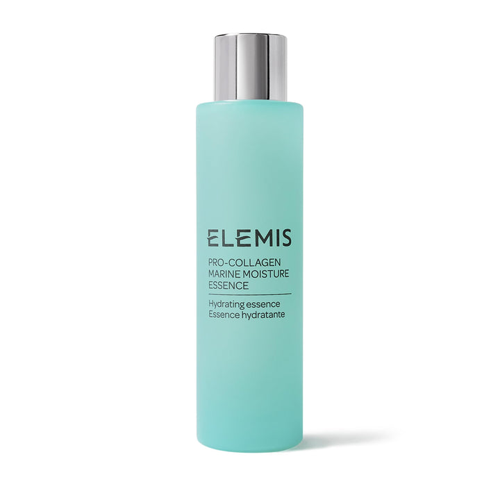 ELEMIS Pro-Collagen Marine Moisture Essence front packaging shows product and brand, promotes hydrated skin