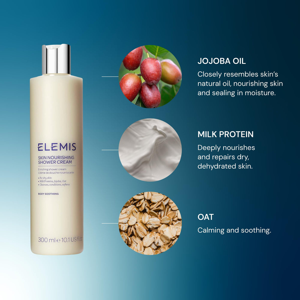 ELEMIS product label and ingredient list emphasizing nourishing oil blend benefits
