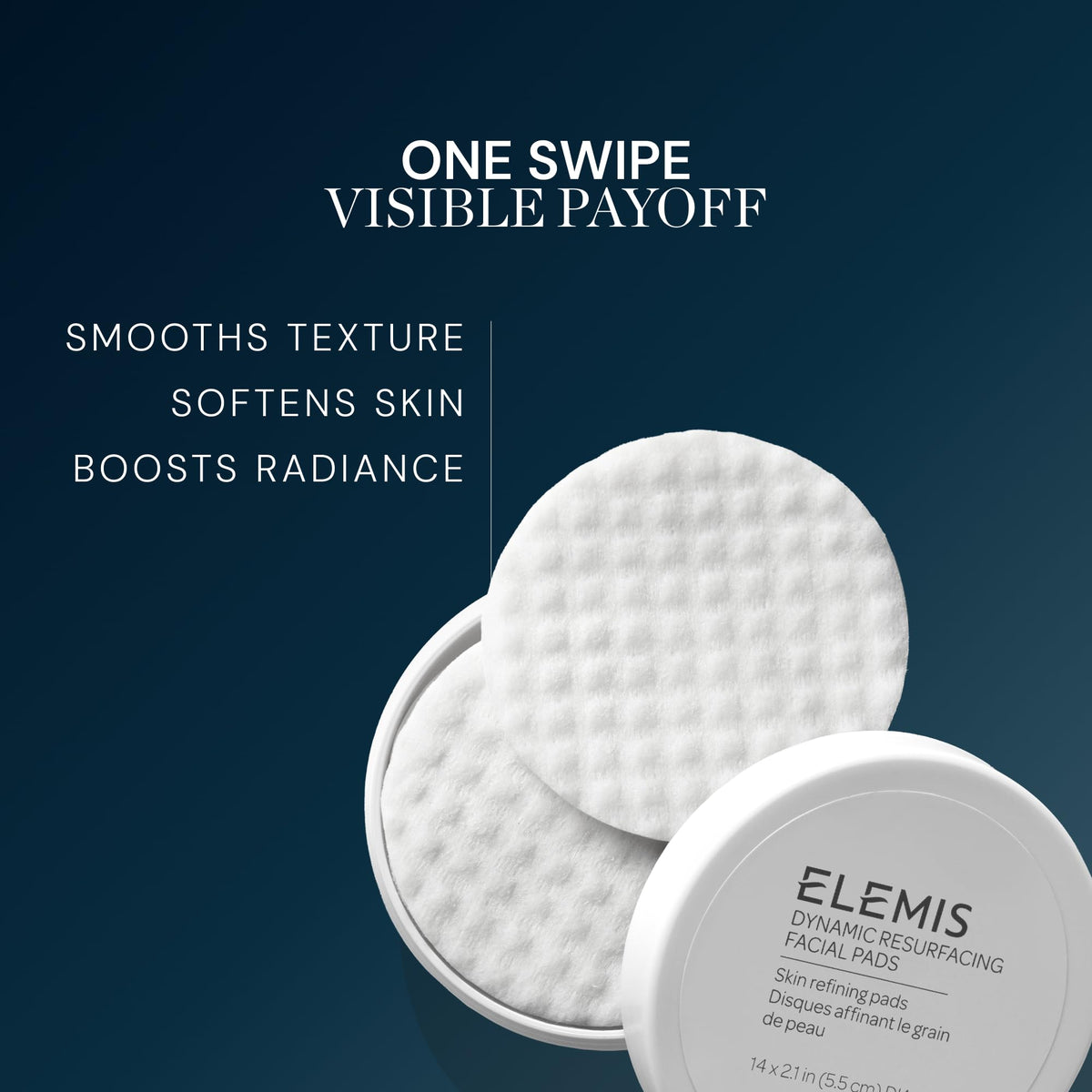 ELEMIS open jar displaying stacked pads and resealable storage benefit