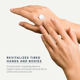 ELEMIS bottle held next to a hand to show compact size