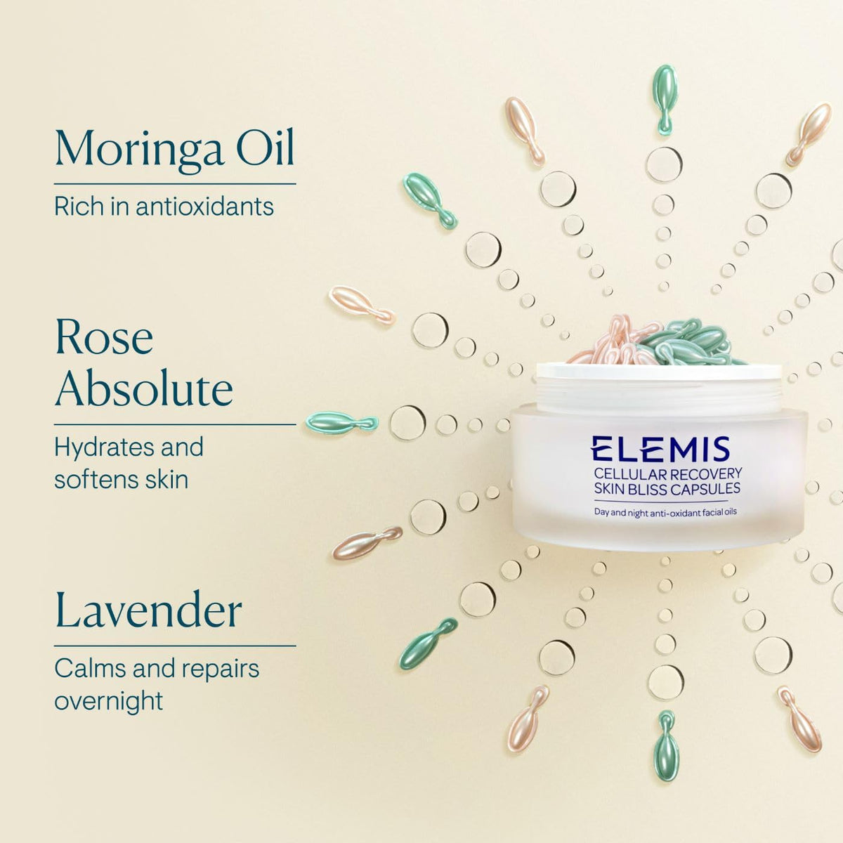 ELEMIS capsules staged in bathroom lifestyle showing streamlined routine benefit