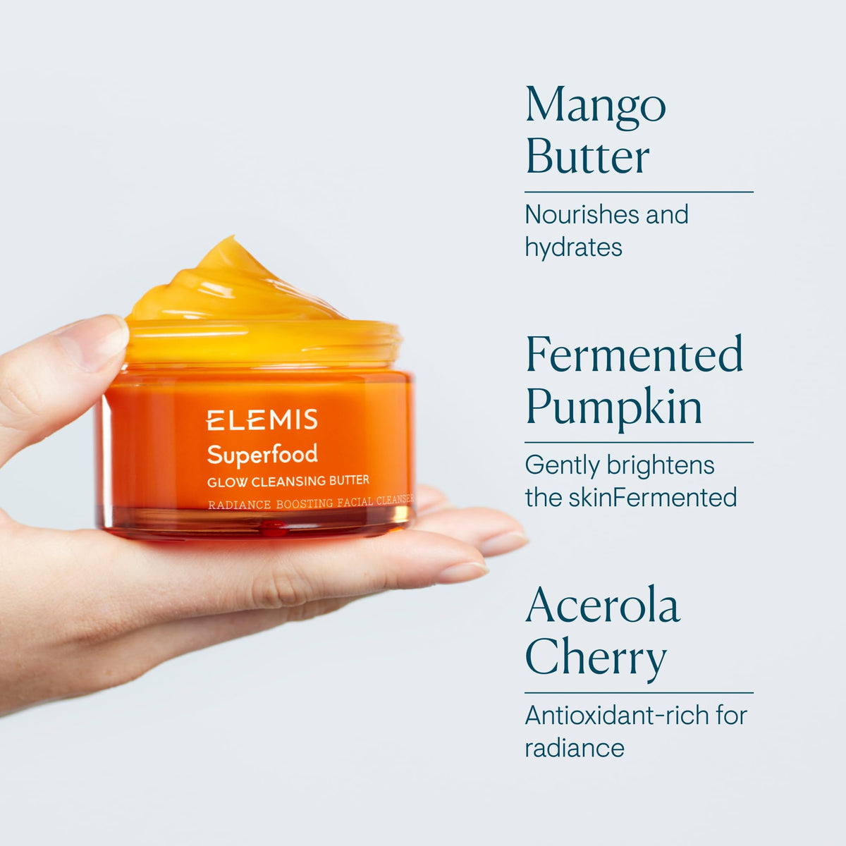 ELEMIS 90ml jar beside hand for scale to show travel-friendly size and portability
