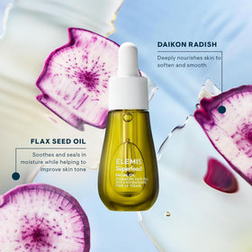 ELEMIS ingredient display with rosehip and broccoli highlighting botanical antioxidants