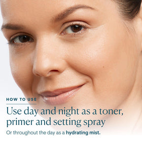 ELEMIS Superfood Multi Mist on a bathroom vanity emphasizing daily toner and primer convenience