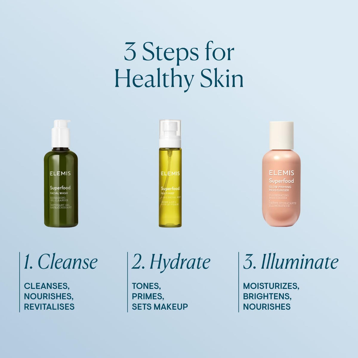 ELEMIS Superfood Multi Mist held in hand to show 3.3 fl oz size and travel-friendly design