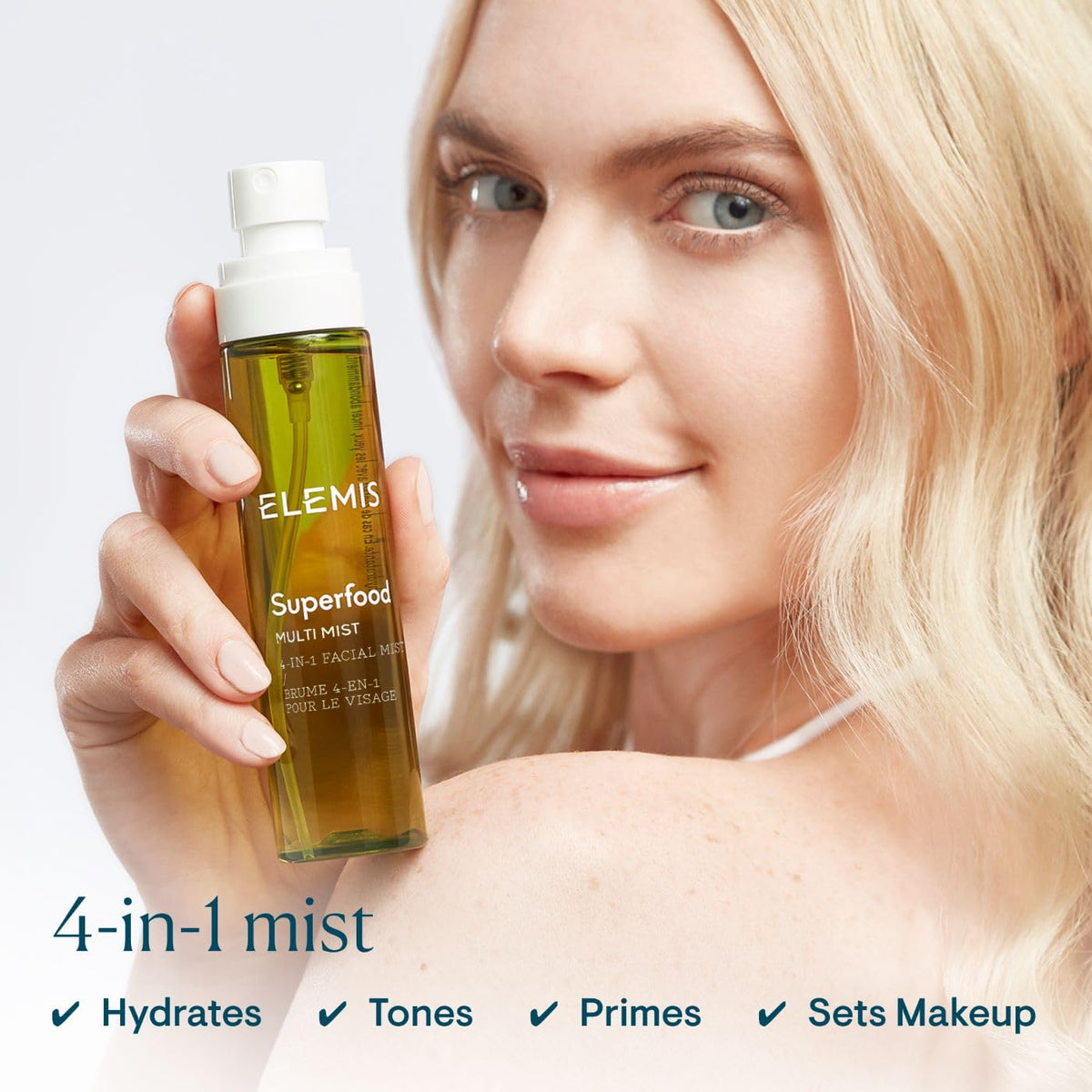 ELEMIS Superfood Multi Mist mid-spray demonstrating fine mist for even hydration