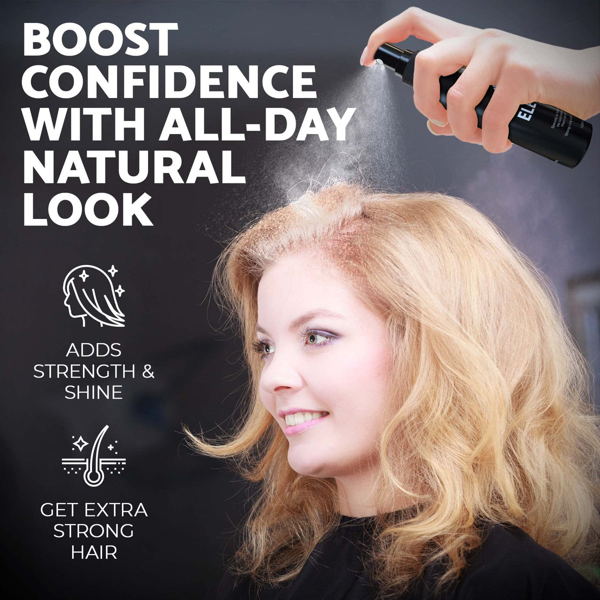 Elevate bottle next to hair fibers illustrating compatibility and fuller look
