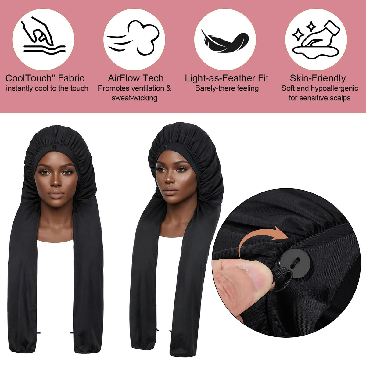 ElevateTech bonnet worn over long braids protecting style overnight