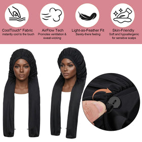 ElevateTech bonnet worn over long braids protecting style overnight