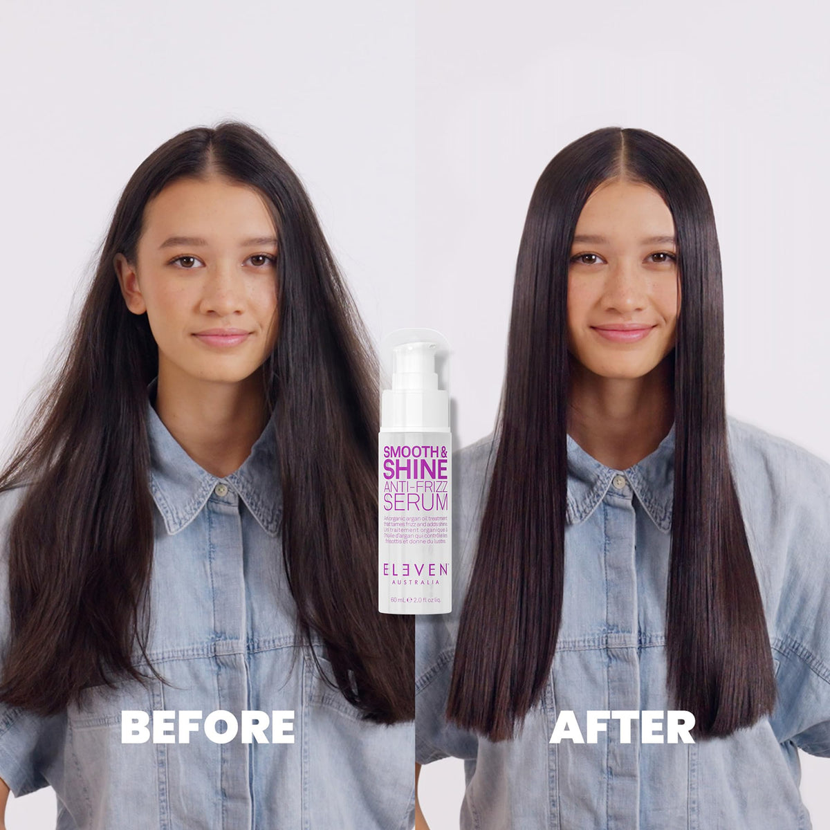 ELEVEN AUSTRALIA application on damp hair showing smoother styling and reduced frizz
