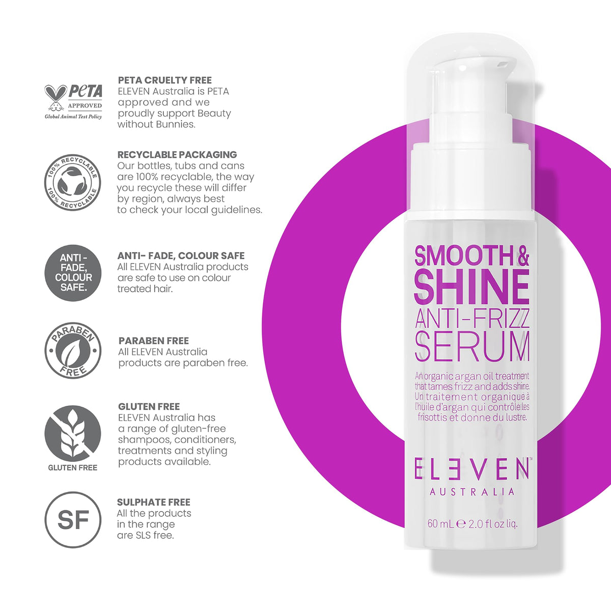 ELEVEN AUSTRALIA bottle size scale next to a hand showing travel-friendly 2 fl oz