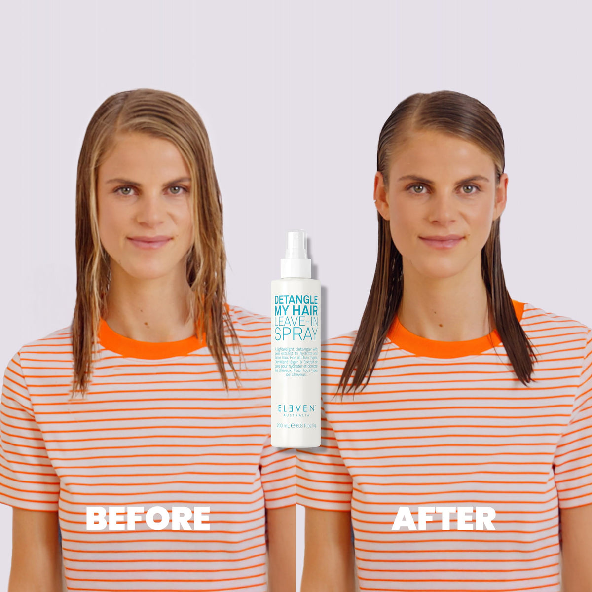 ELEVEN AUSTRALIA close-up of spray texture on hair strand, visible smoothing benefit