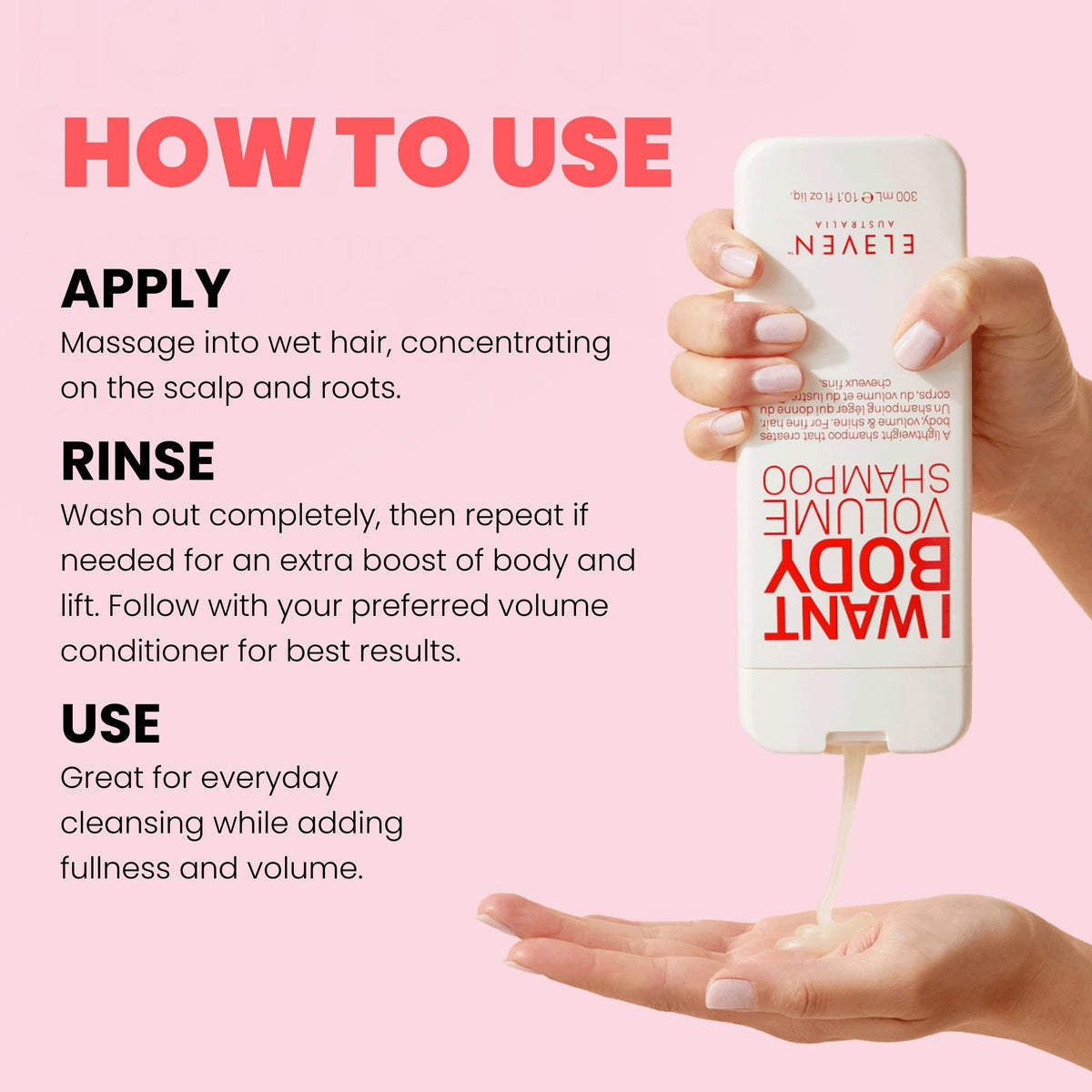 ELEVEN AUSTRALIA shampoo being applied in shower for gentle cleansing benefit