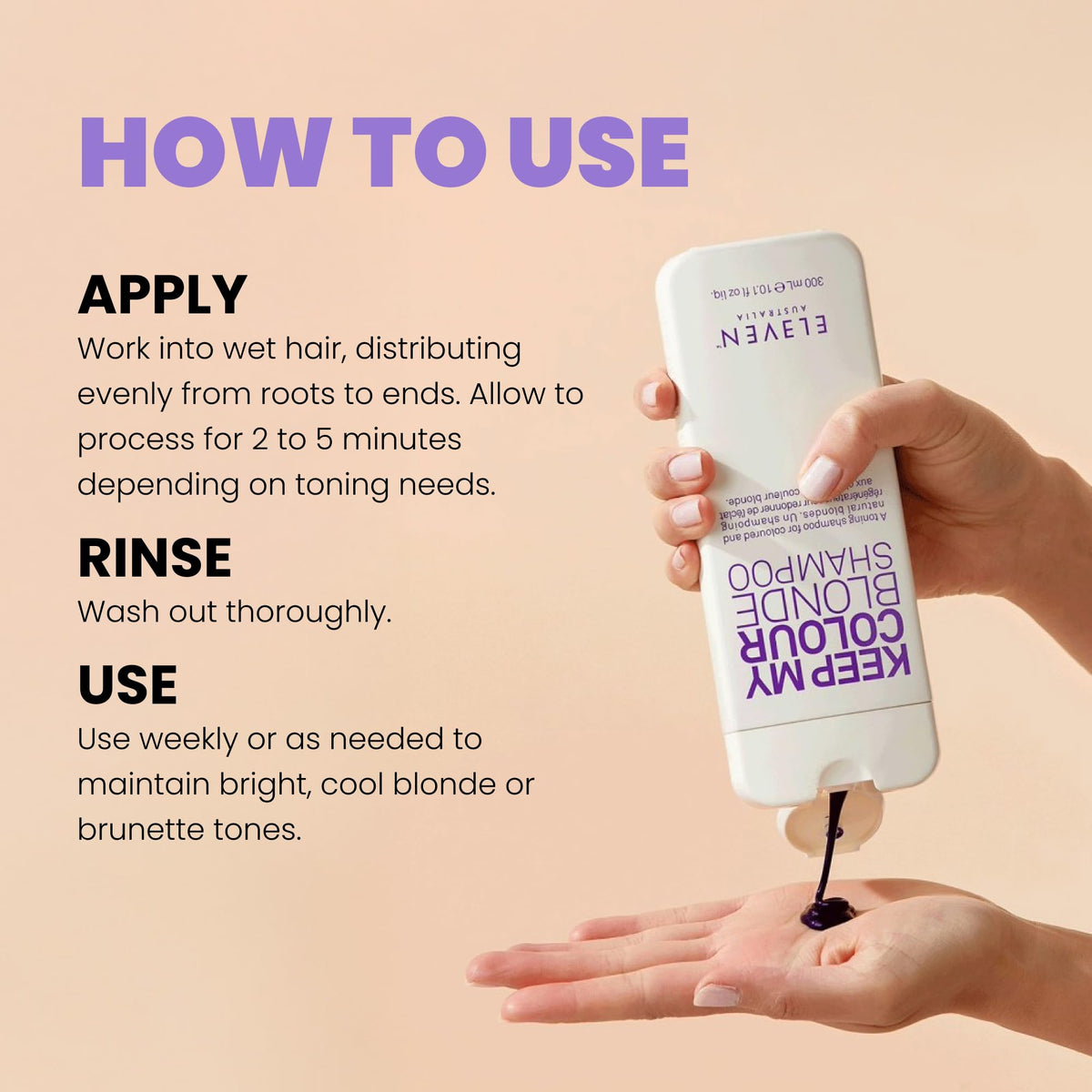 ELEVEN AUSTRALIA in-shower application on blonde hair delivering cooler tones