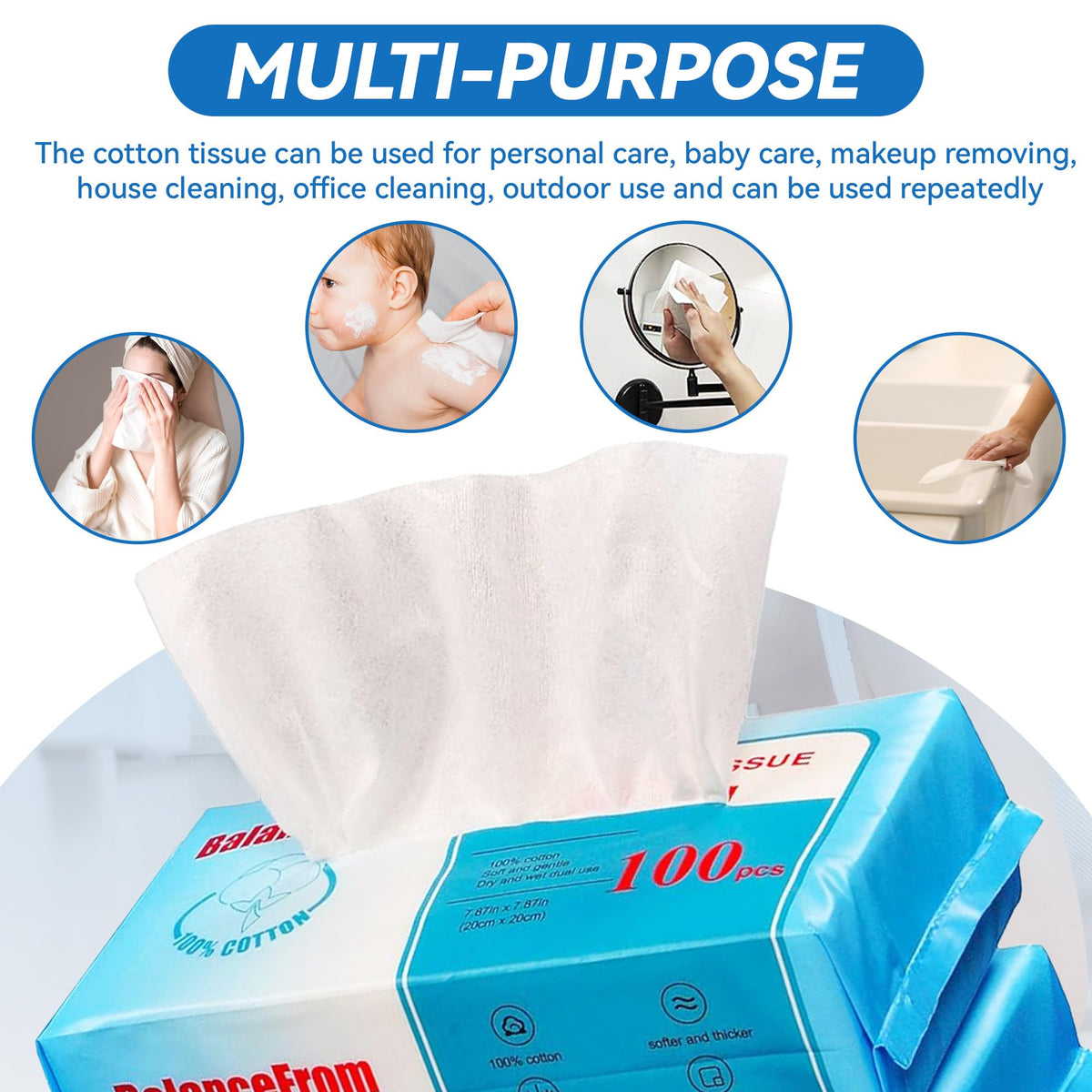 Elevon tissue next to a hand showing 7.9x7.9 size for full face coverage
