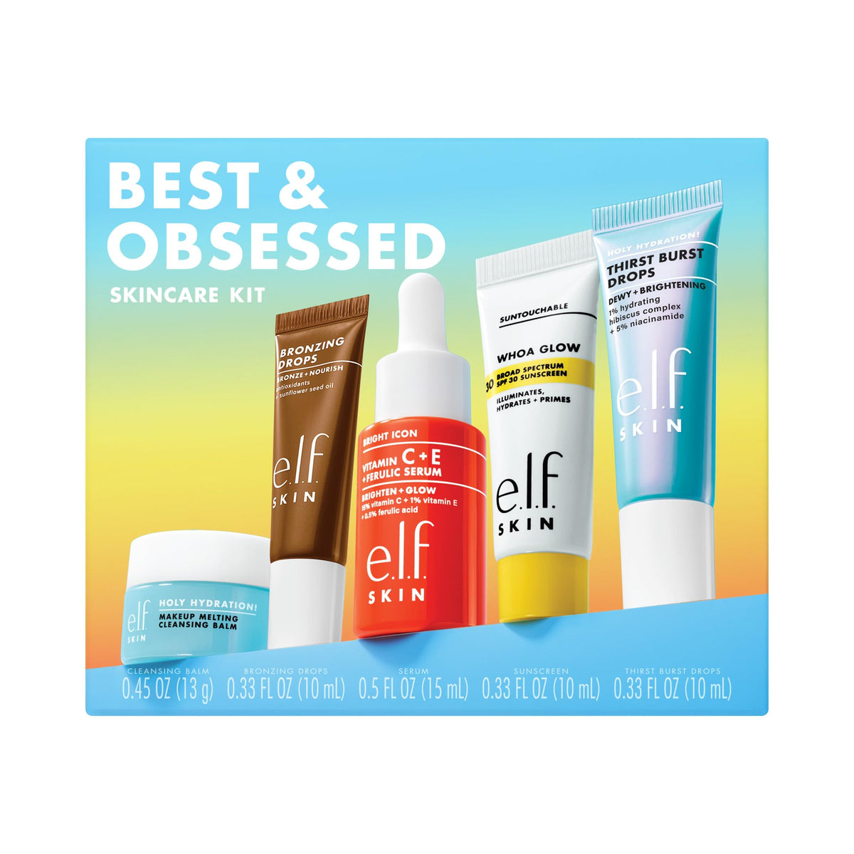 e.l.f. front packaging showing all five mini products and value