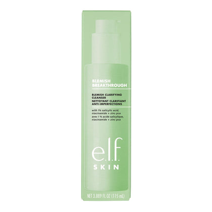 e.l.f. SKIN cleanser front packaging showing bottle and label, clear active benefits