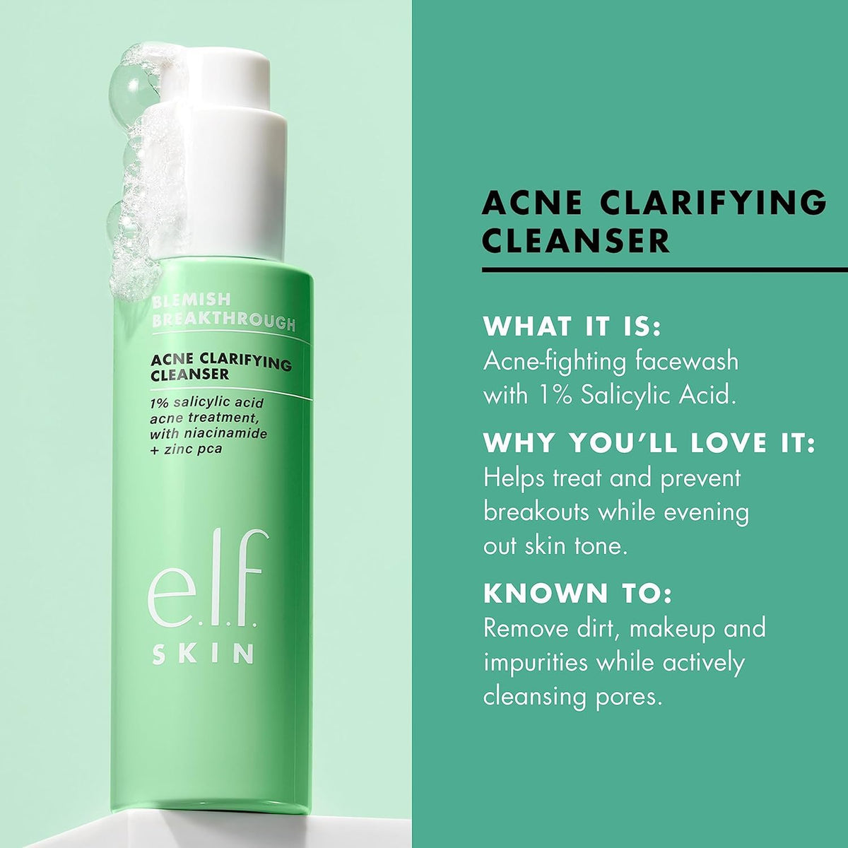 e.l.f. SKIN cleanser on bathroom shelf staged with towels for everyday routine