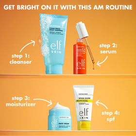 e.l.f. Bright Icon glass bottle detail emphasizing quality packaging and preservative guidance