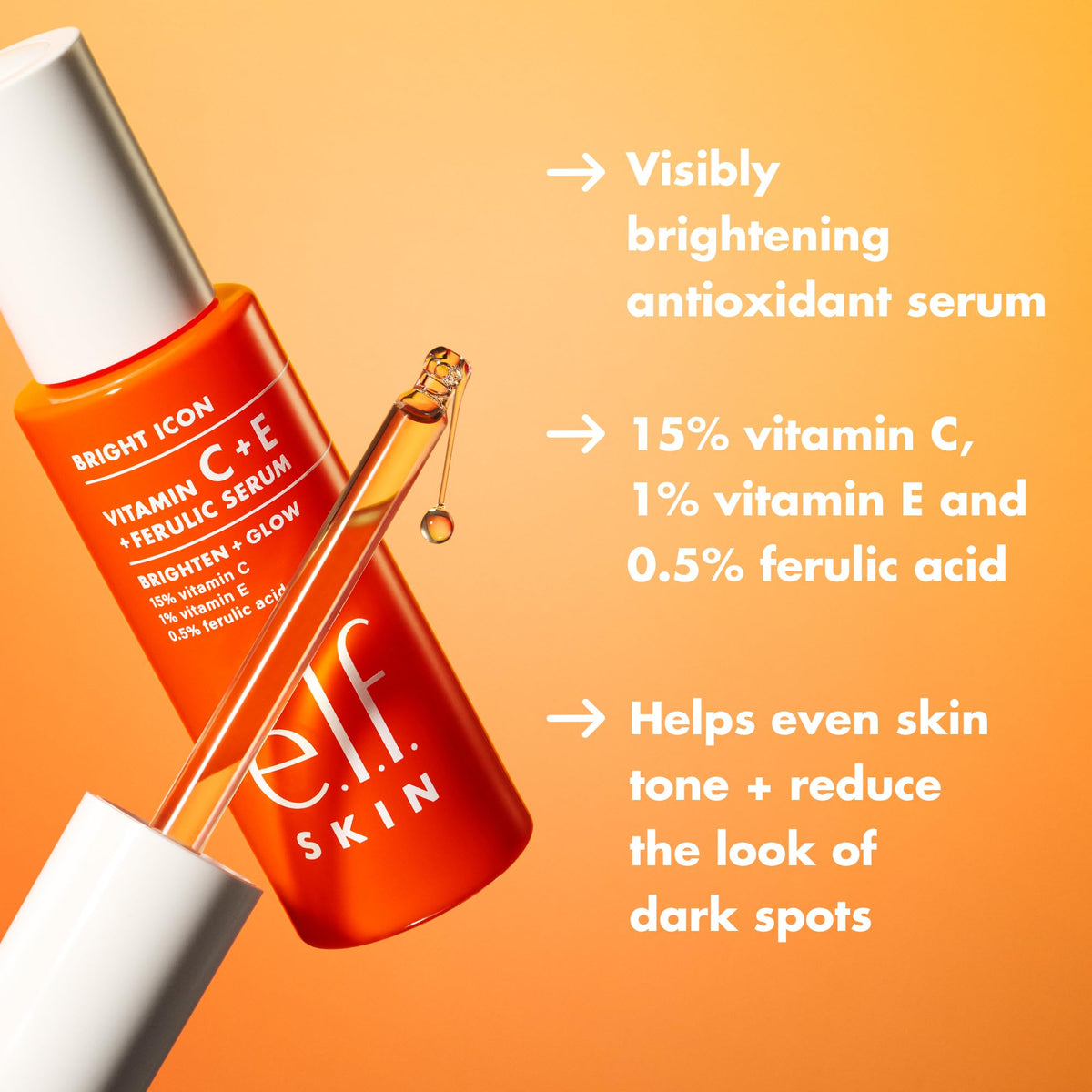 e.l.f. Bright Icon dropper releasing serum to show lightweight texture and fast absorption